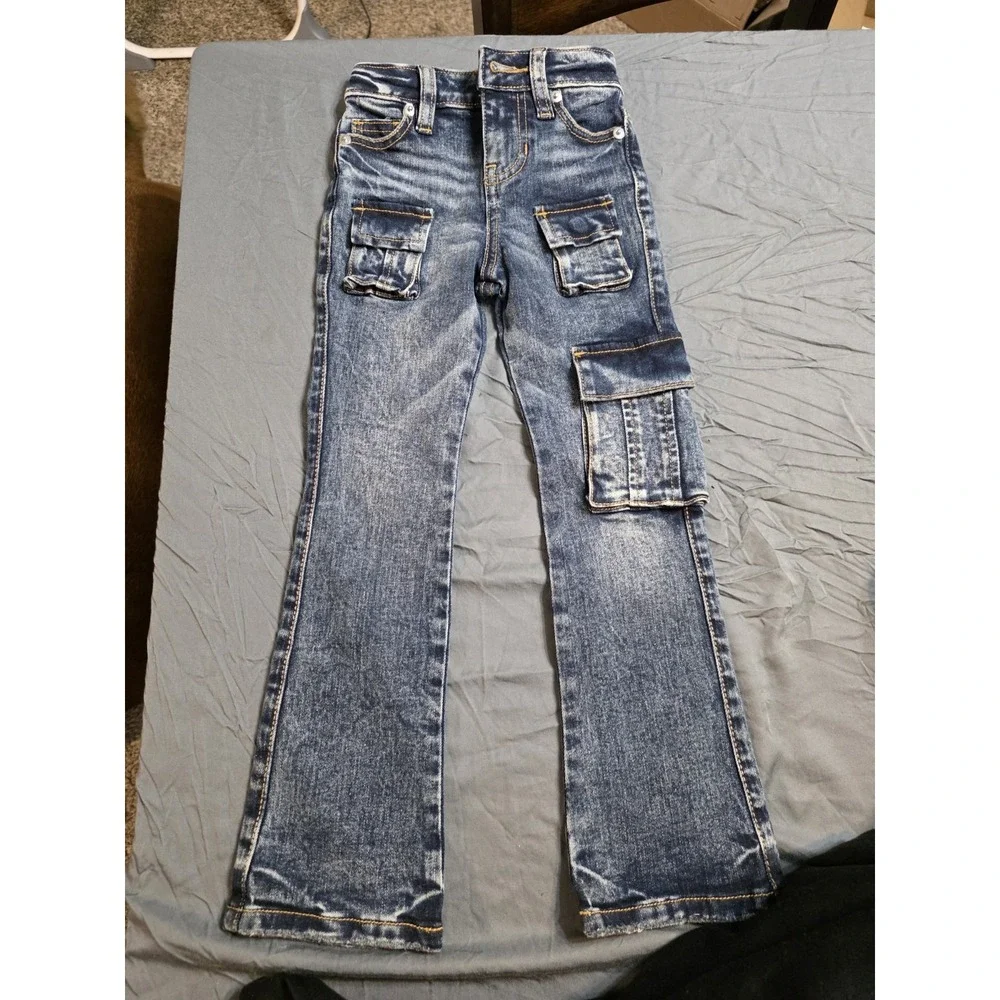 Fashion Nova Kids Girls Cargo Flare Jeans Size 4 Blue Acid Wash Utility Pockets